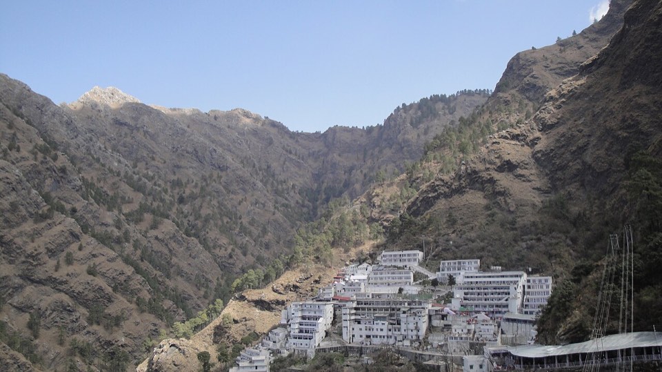 Vaishno Devi shrine on the mountainside above Katra